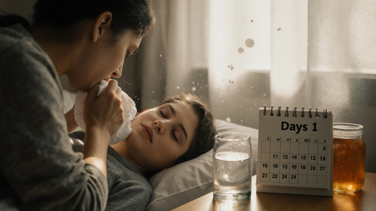 Rodič klade teplou kompresi na krk spícího dítěte, sluneční světlo a léčivé předměty na nočním stolku.