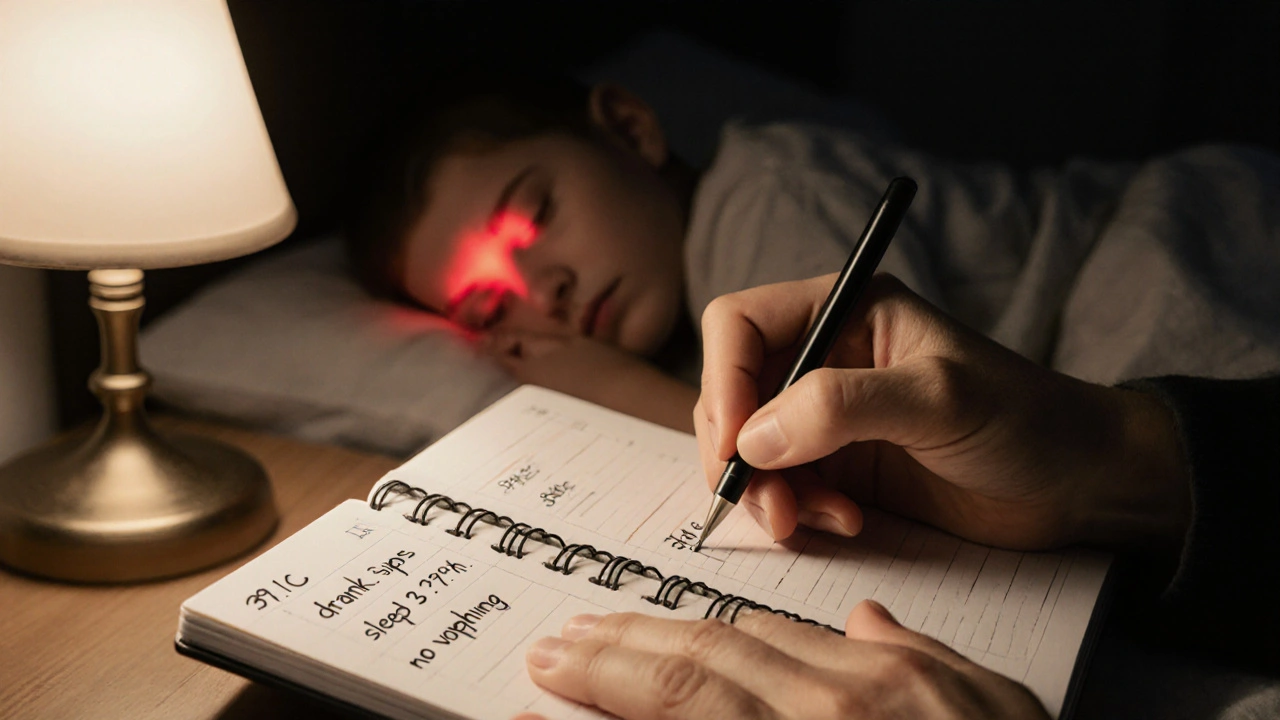 Rodič si zapisuje teplotu a chování dítěte do sešitu v noci.