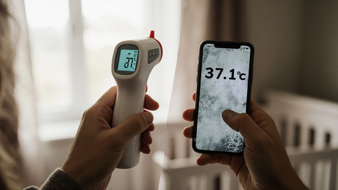 Rozdělený obraz: spolehlivý teploměr vlevo a chybná aplikace na telefonu vpravo.