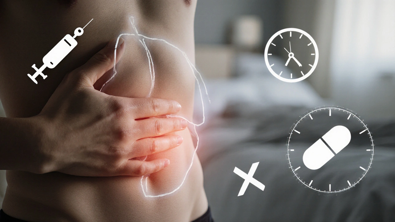 Ruka dotýkající se levého horního břicha s naznačenou zvětšenou slezinou a lékařskými symboly.