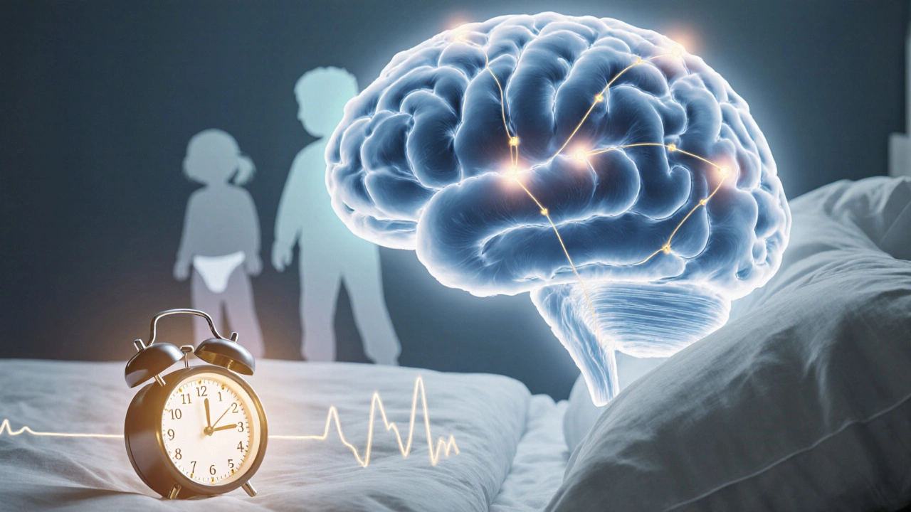 Schematický obraz mozku dítěte s propojenými nervy a budíkem na močení, symbolizující trénink kontroly.