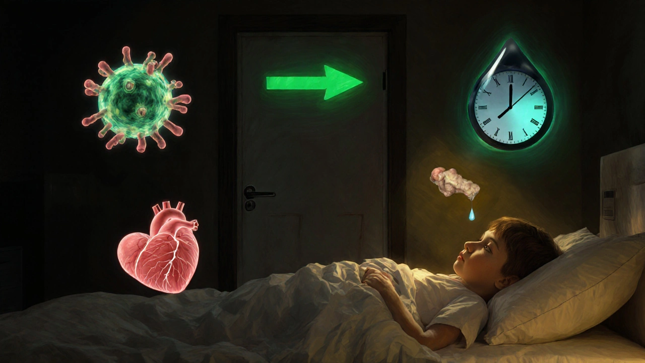 Symbolický obraz dítěte s bakterií, poškozeným srdcem a hodinami, které ukazují nebezpečí zanedbání angíny.