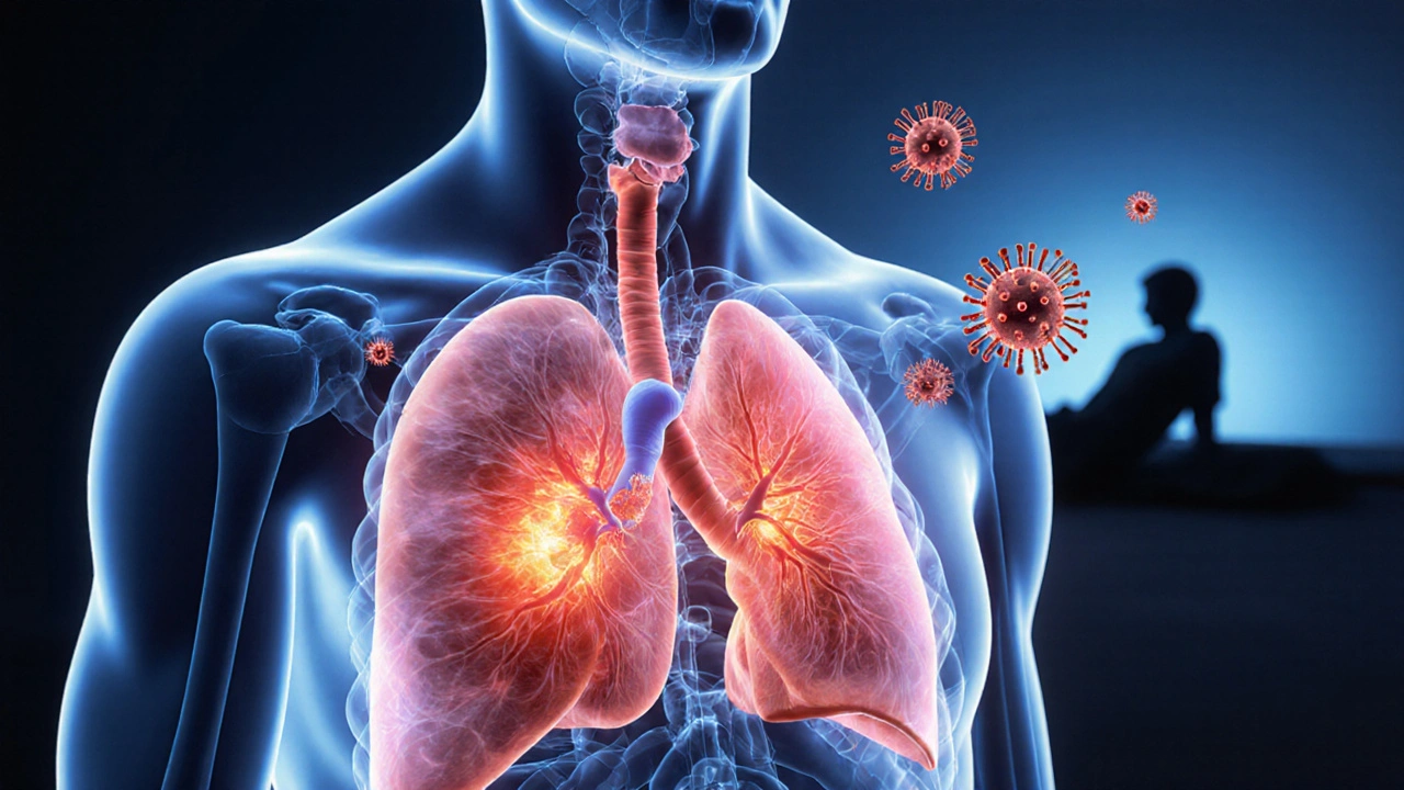 Transparentý náčrt těla s zvětšenými lymfatickými uzlinami a orgány během infekce Epstein-Barr viru.