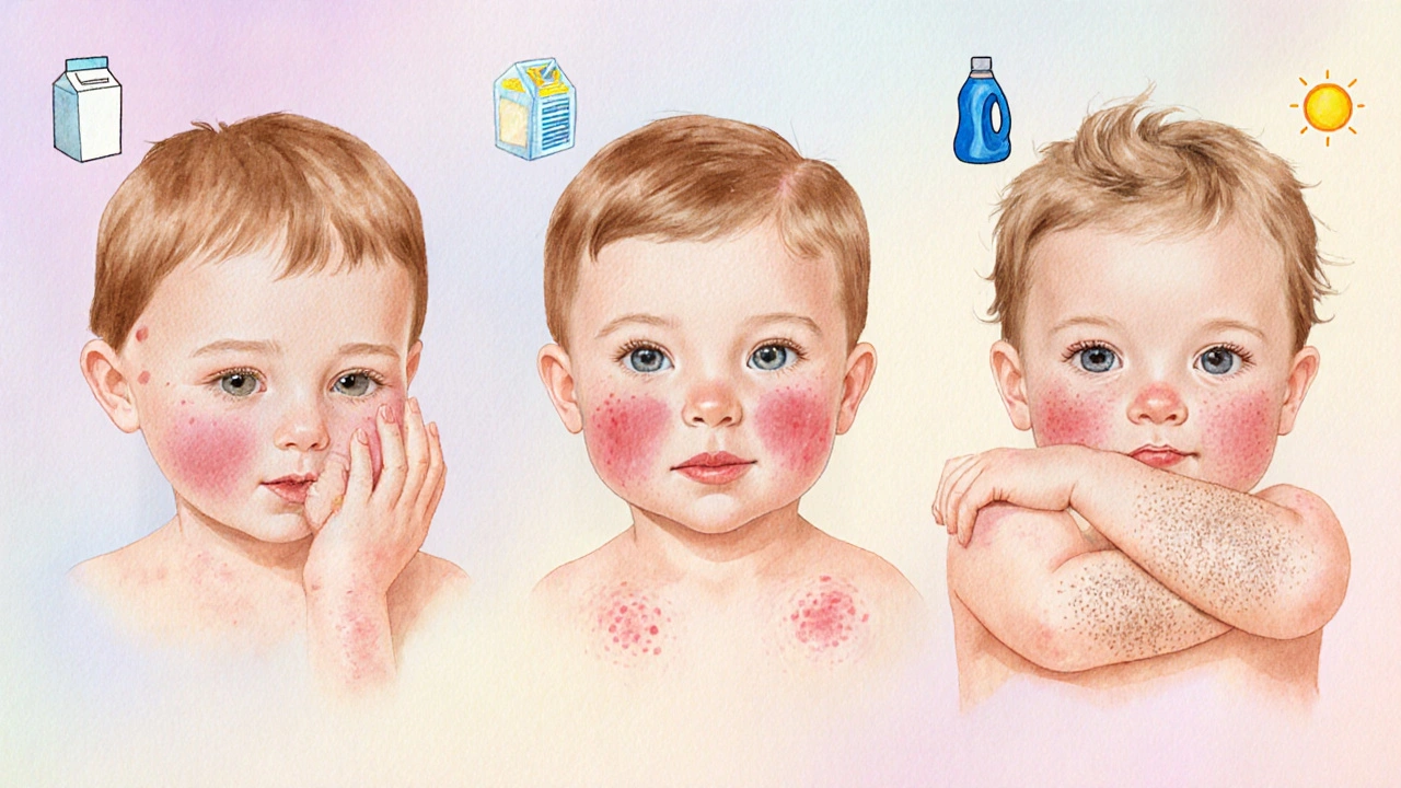 Tři typy dětských vyrážek: neštovice, růžovka a ekzém, znázorněné v pastelových barvách.