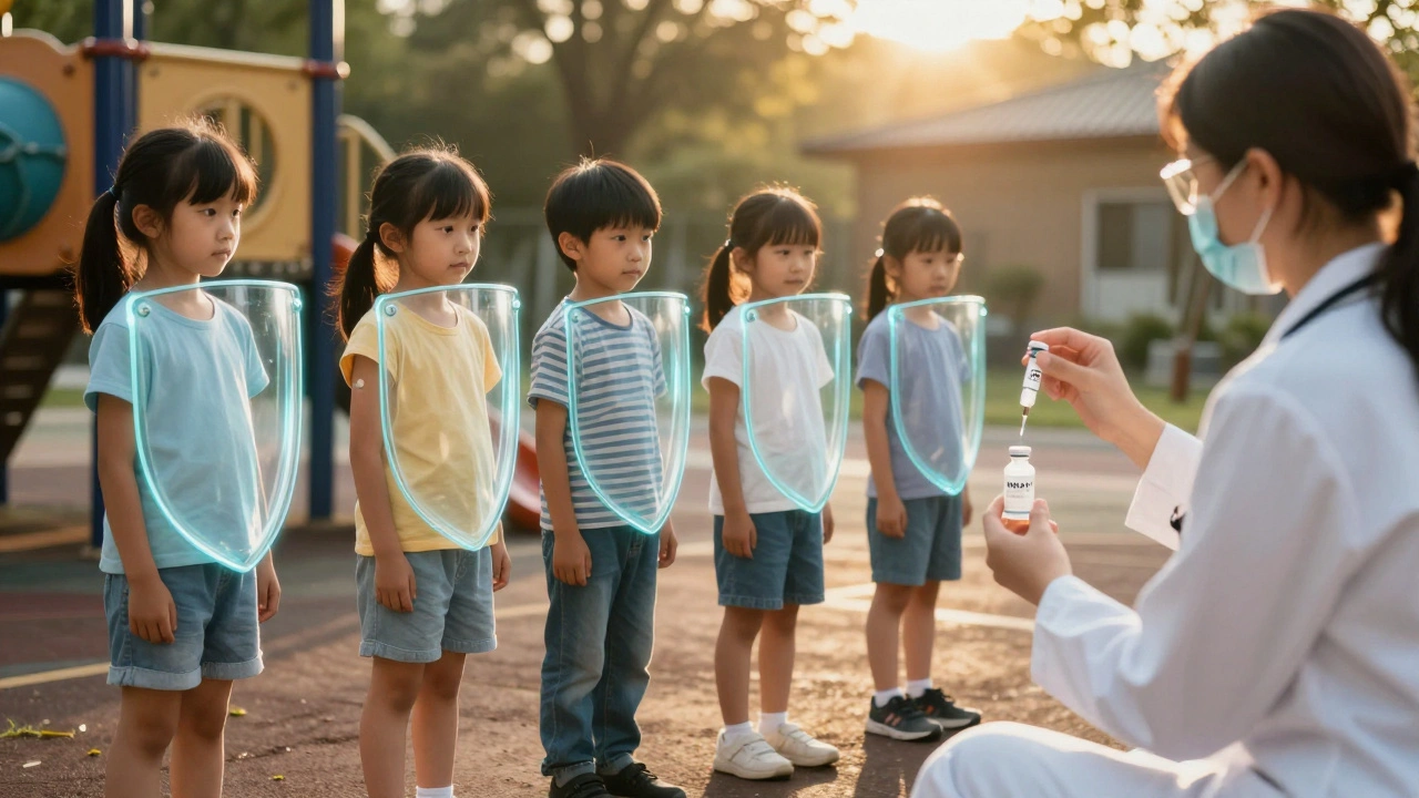 Děti na hřišti s ochrannými štíty, jedno bez štítu čeká na očkování.