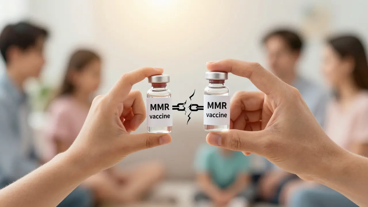 Dítě a dospělý drží vakcínu MMR, symbolizující ochranu celé společnosti.