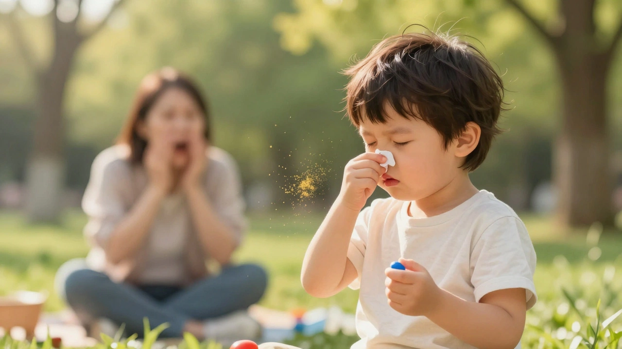 Dítě hraje na trávníku v březnu, tře si nos, kolem něj létá pyl.