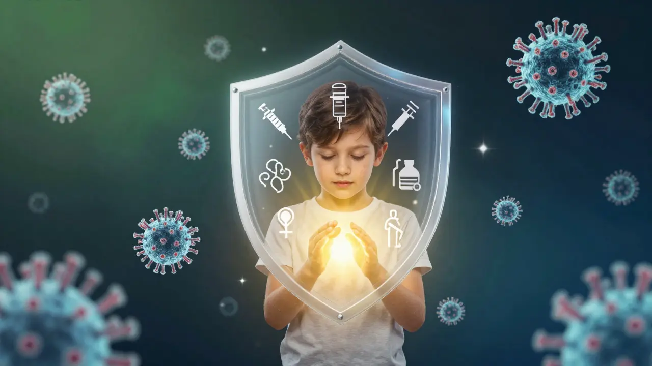 Dítě je chráněno zářící štítem očkování a imunity proti virům.