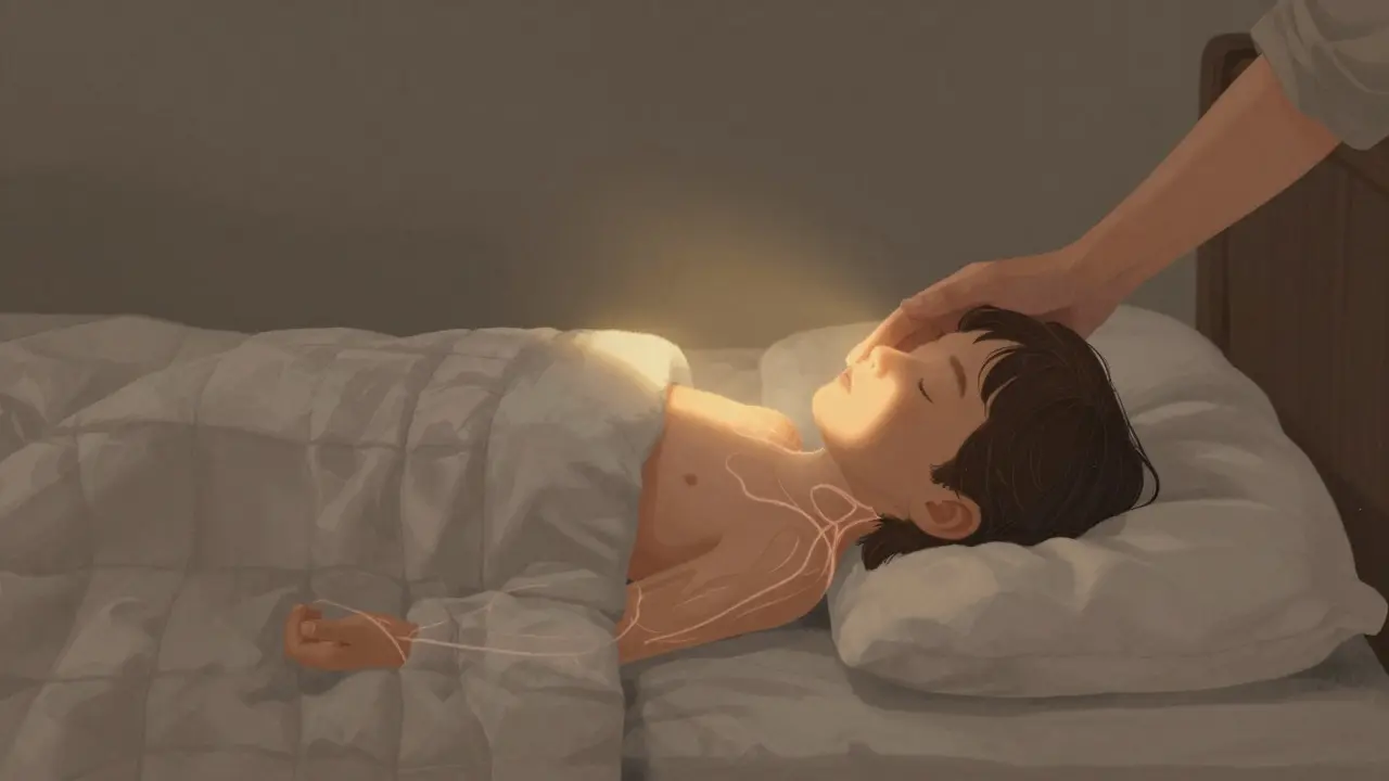 Dítě leží v klidu na posteli, rodič ho drží za ruku, teplé světlo symbolizuje záchranu.