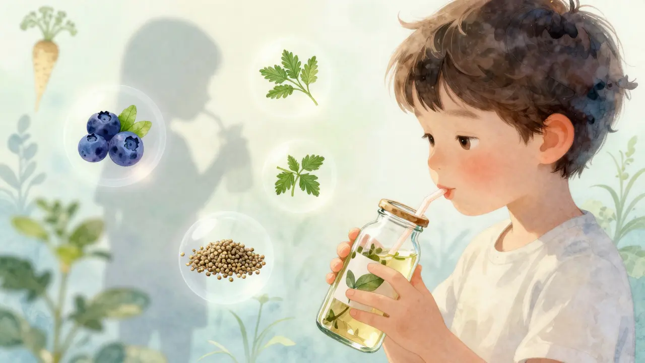 Dítě pije chlazený bylinný čaj ze skleničky, kolem něj plavou bezpečné byliny.