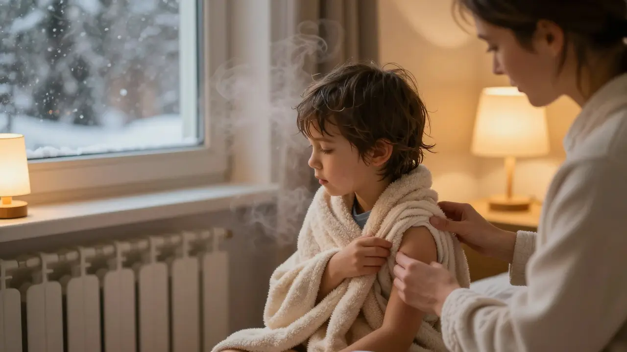 Dítě po koupeli je obalené do ručníku a připravuje se na noční oblečení.