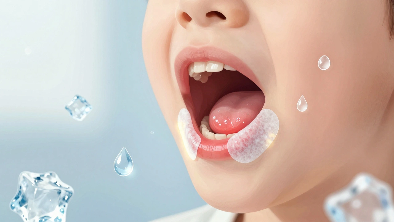 Dítě s hydrogelovými náplasty na ústech a kapičkami vody kolem.