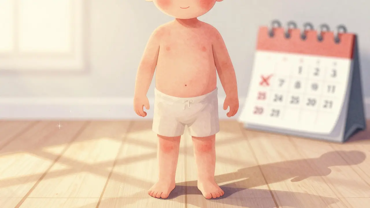 Dítě s jemnou růžovou vyrážkou na kůži stojí v slunečném pokoji.