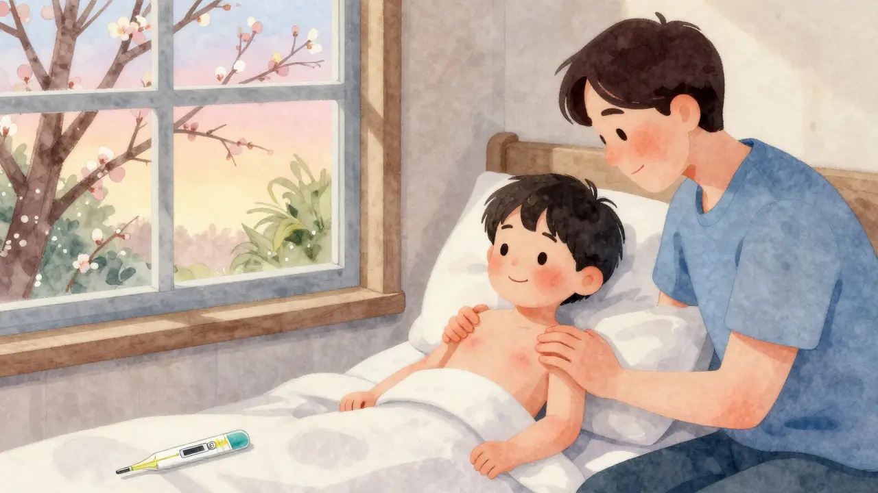 Dítě s jemnou růžovou vyrážkou na těle sedí v posteli a směje se.