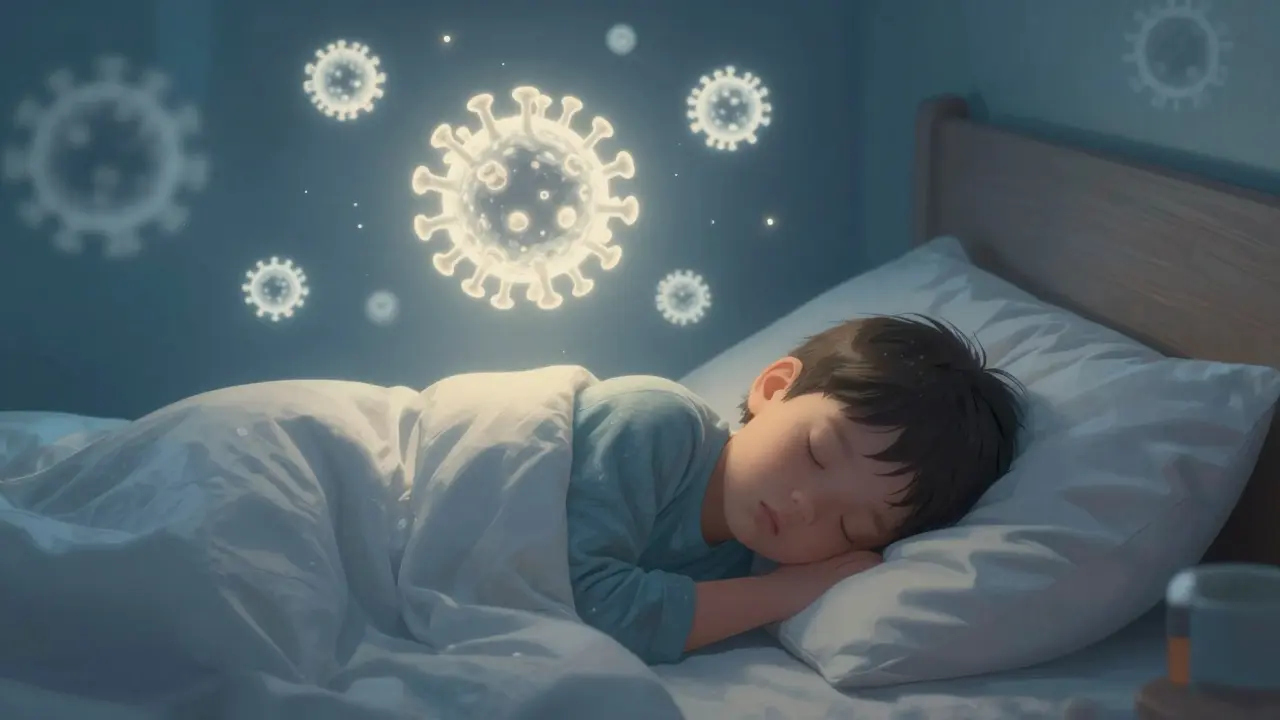 Dítě spí, nad ním abstraktní obraz boje virové infekce s imunitními buňkami.
