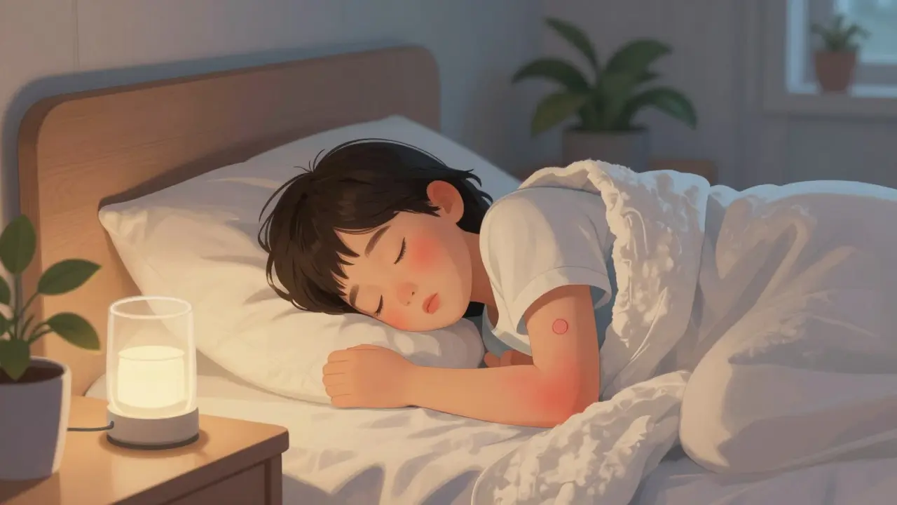 Dítě spí v posteli po koupeli, mírně červené místo vpichu pod rukávem, klidná noční atmosféra.