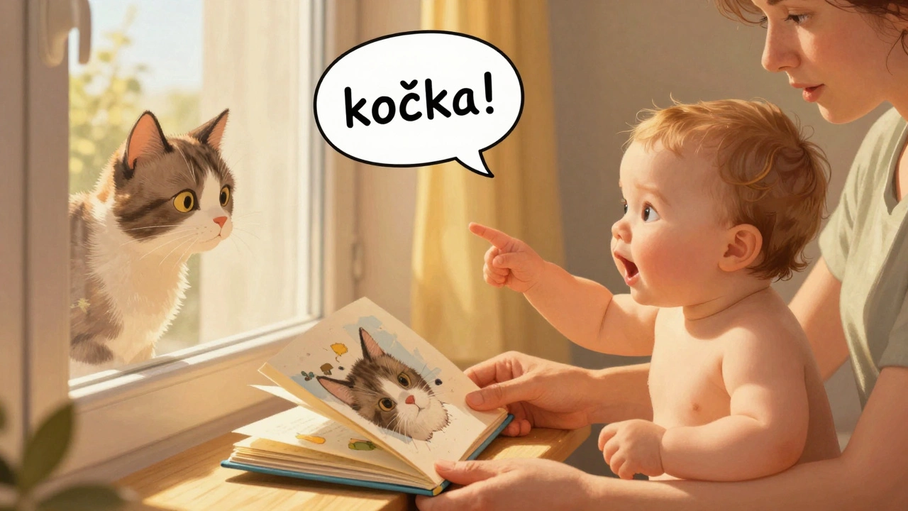 Dítě ukazuje na kočku v okně a říká &#039;kočka&#039;, zatímco rodič drží knížku.