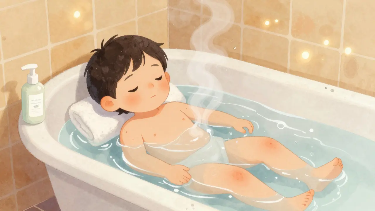 Dítě v koupeli s octovou vodou, kde jsou vidět červené puchýřky na rukách a nohách.