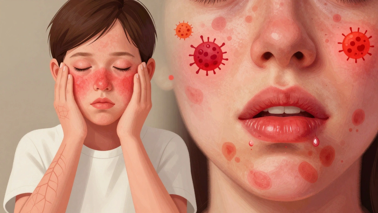 Dvě protikladné vyrážky: jedna s červenou čepicí na obličeji, druhá s nepravidelnými skvrnami a otokem rtů.