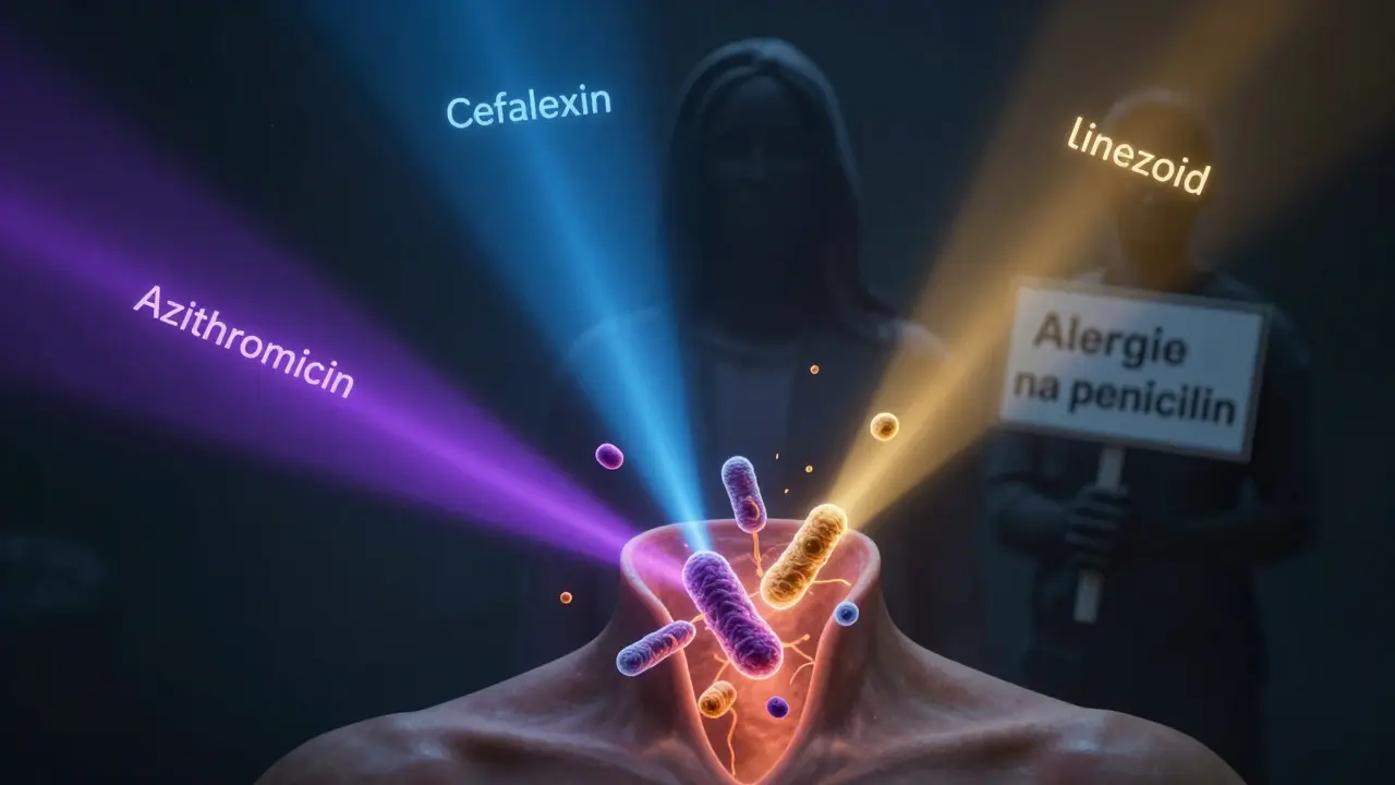 Illuminovaný hltan s bakteriemi ničenými třemi barvami léků.