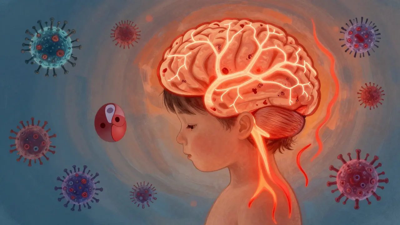 Ilustrace dětského mozku reagujícího na náhlý nárůst teploty s virovými prvky.