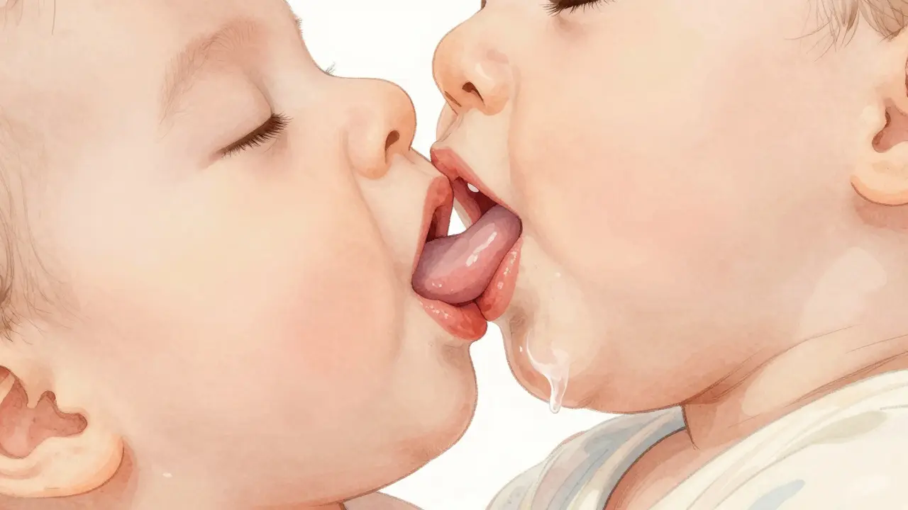 Ilustrace dítěte během kojení s ukázkou pohybu jazyka a čelisti při správném sajení.