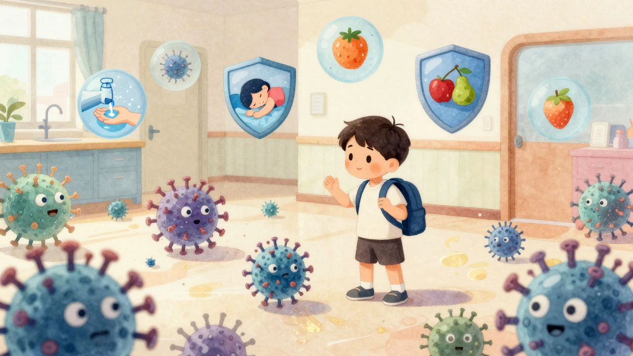 Ilustrace imunitního systému dítěte jako válečníka bojujícího s viry.