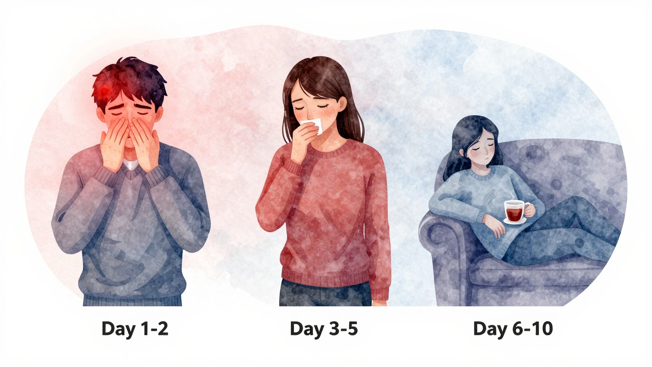 Ilustrace průběhu chřipky od horečky přes kašel k únavě v kruhovém tvaru.