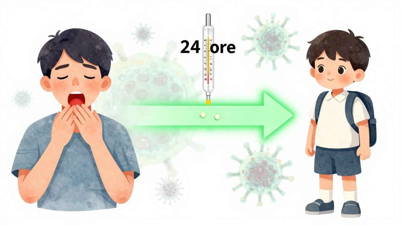 Ilustrace průběhu léčby streptokokové infekce: od horečky přes zlepšení po návrat ke zdraví, s časovou osou a odtékajícími bakteriemi.