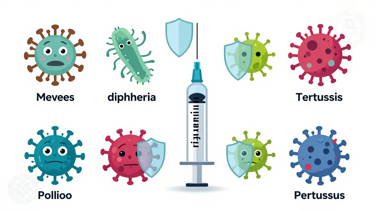 Jedna injekce chrání před šesti nemocemi: spalničky, záškrt, tetanus, polio, kroupy a hepatitida B.