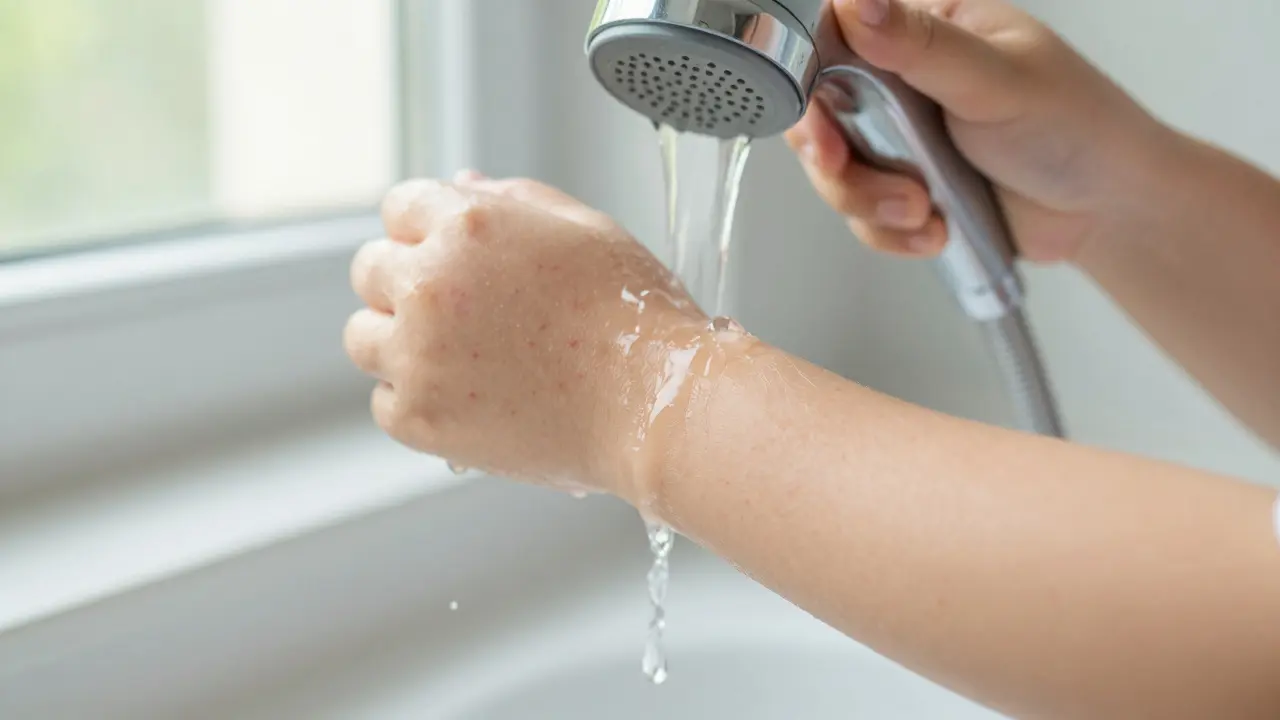 Jemná vyrážka na paži dítěte při koupeli po očkování.