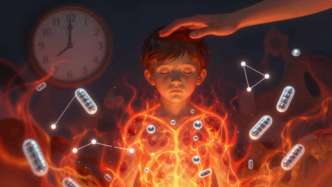 Koncepční obrázek těla dítěte jako bojiště s protilátkami jako světelnými útvary.