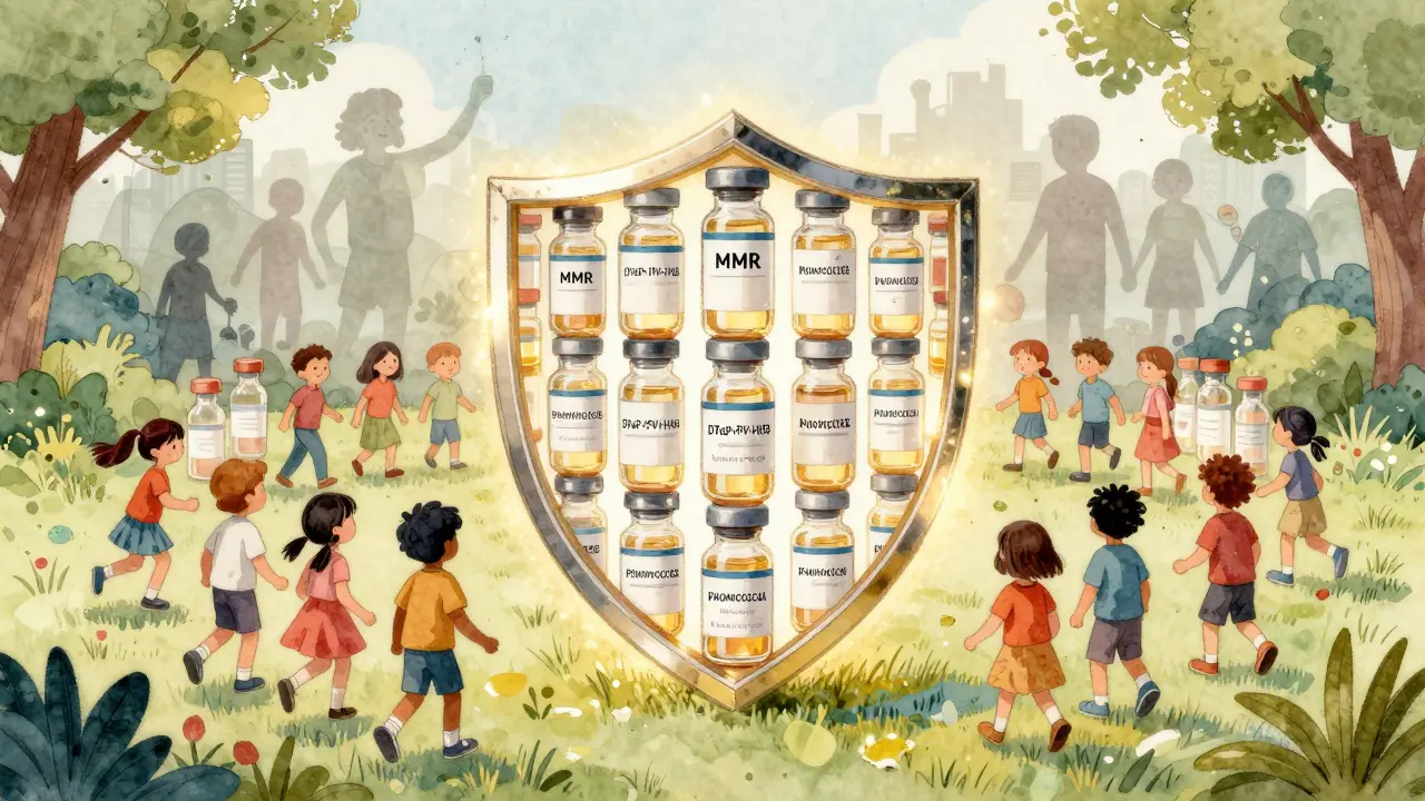 Kruh ochranných očkovacích injekcí chrání děti hrající v parku, za nimi zanikající obrazy nemocí.