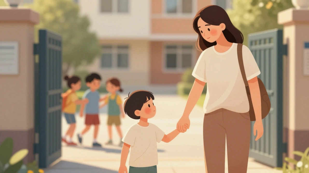 Matka drží dítě za ruku u školní brány s jemnou vyrážkou na tváři.