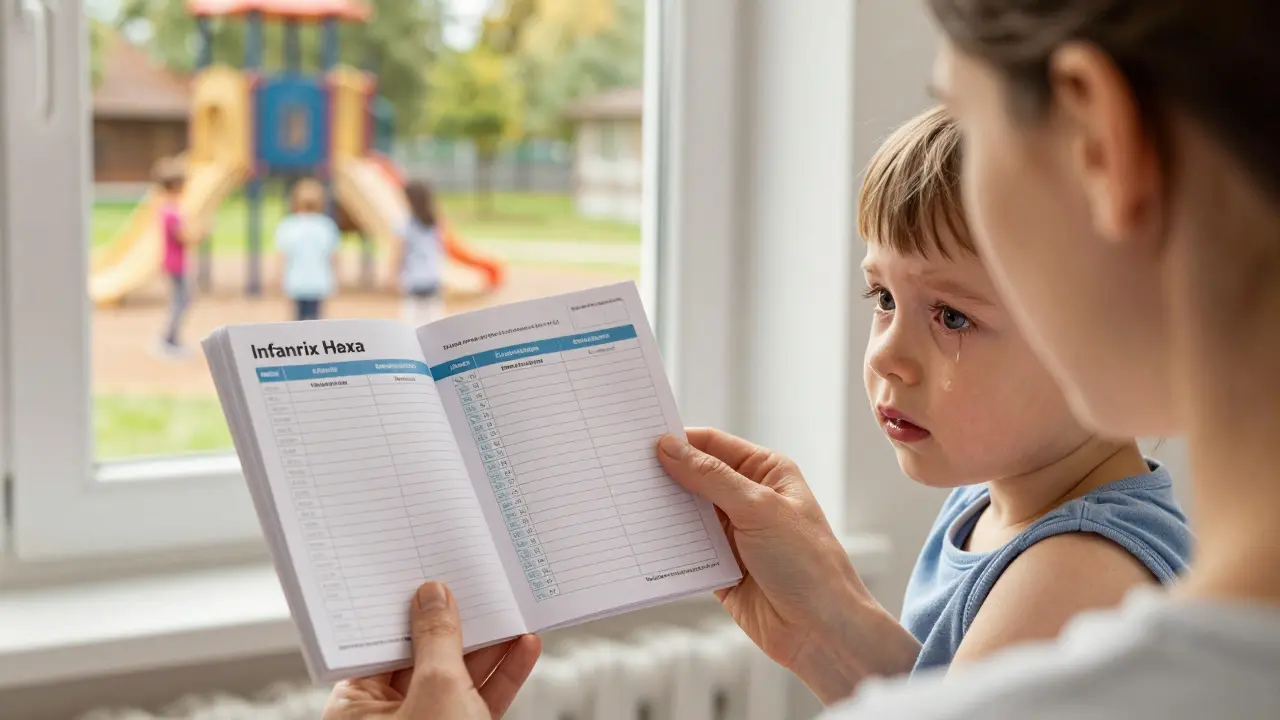 Matka hledí na dokončený záznam očkování v dětské knížce.
