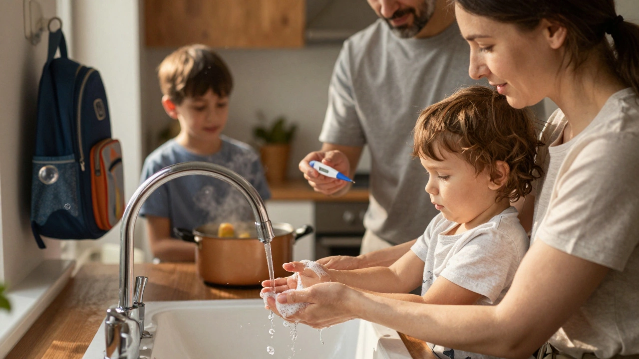 Matka myje dítěti ruce v kuchyni, otec drží teploměr.