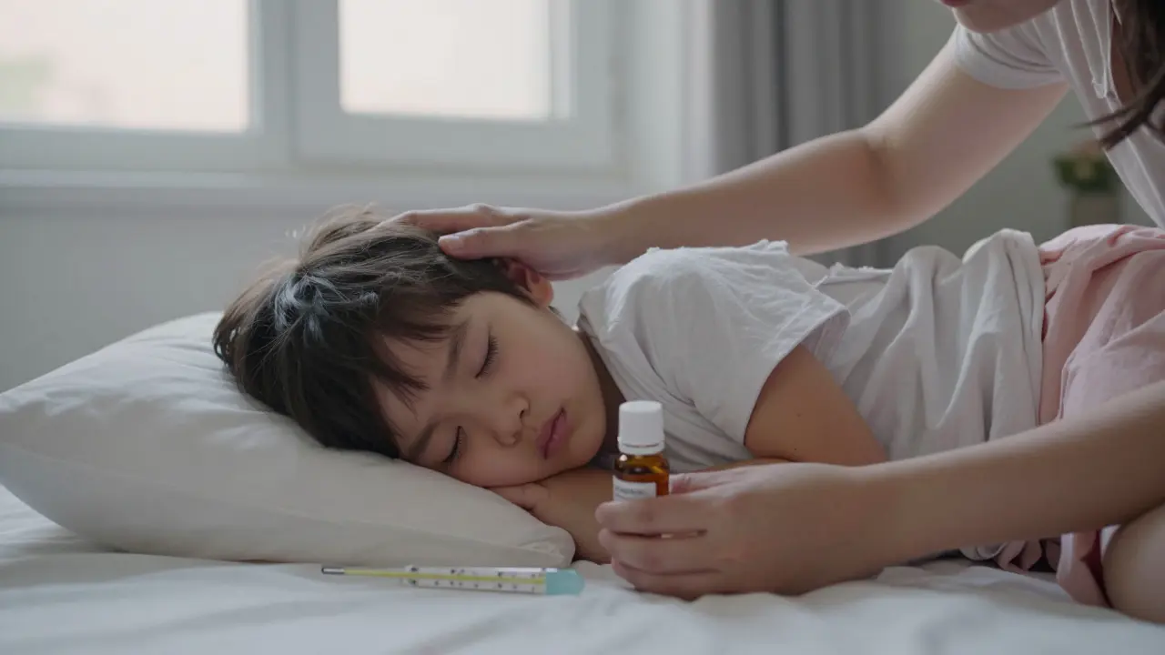 Matka ukládá dítě na bok po křeči, v pozadí je lék a ranní světlo.