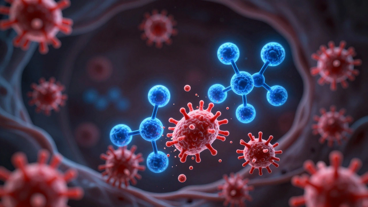 Molekuly penicilinu útočí na streptokokové bakterie v hrdle, jedna bakterie se rozpadá, ostatní se stahují, biomedicínský styl.