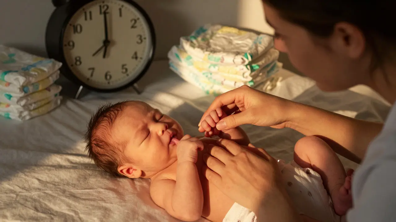 Novorozenc spí při kojení, matka jemně podněcuje jeho nohu, aby pokračoval ve sajení.