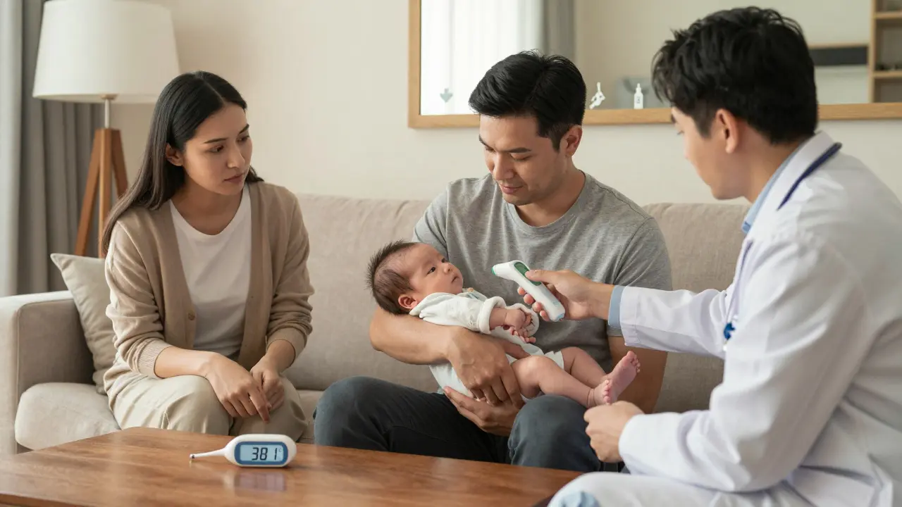 Novorozenec je měřen lékařem v domácím prostředí s rodinou.