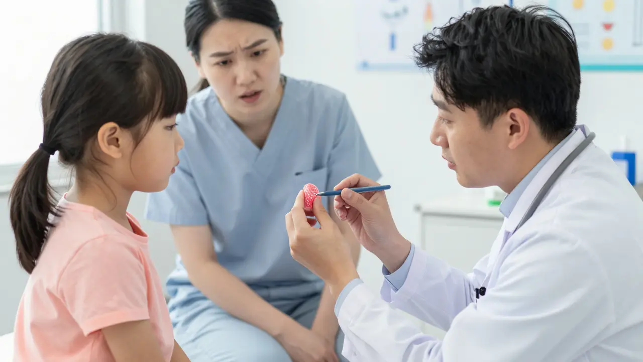 Pediatr vyšetřuje dítě s červenými a bílými skvrnami na mandlích.