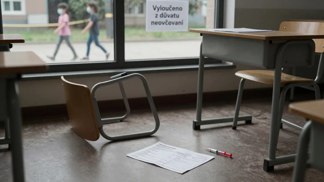 Prázdná třída s převrácenými židlemi, na stole očkovací dokument a nápis o vyloučení z důvodu neovčkování.