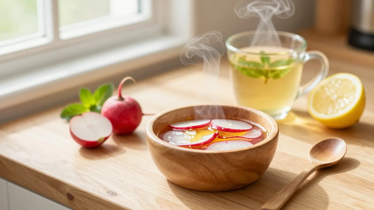 Přírodní nápoje – ředkvičková šťáva s medem a máťový čaj – na dřevěném stole.