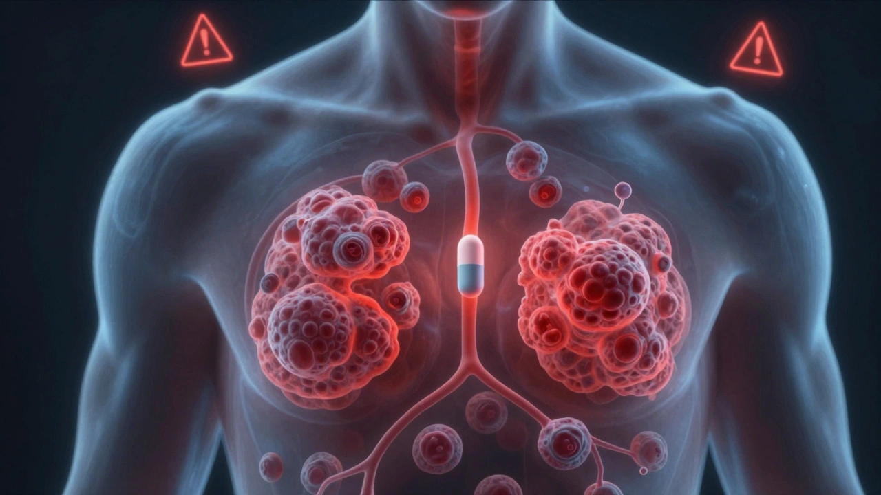 Průhledný lidský tělo s imunitními buňkami reagujícími na lék, vydávajícími červené vlny.