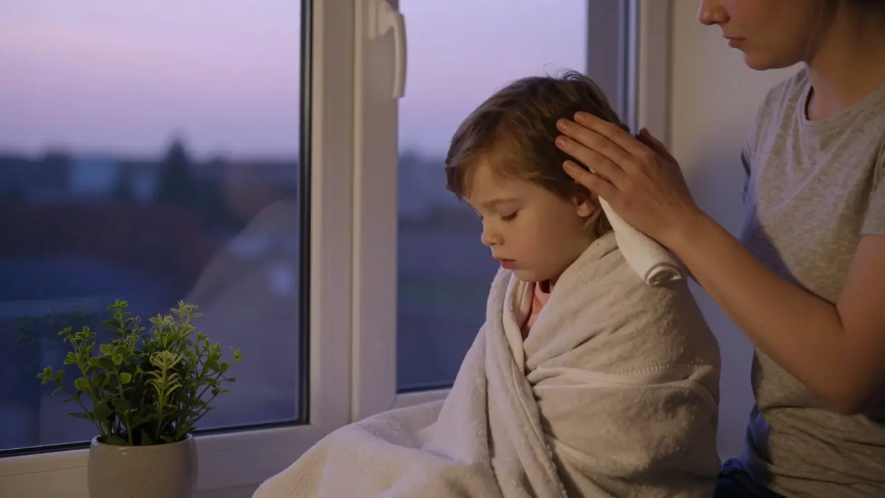Rodič a dítě sedí u okna v soumraku, klidně si odpočívají.
