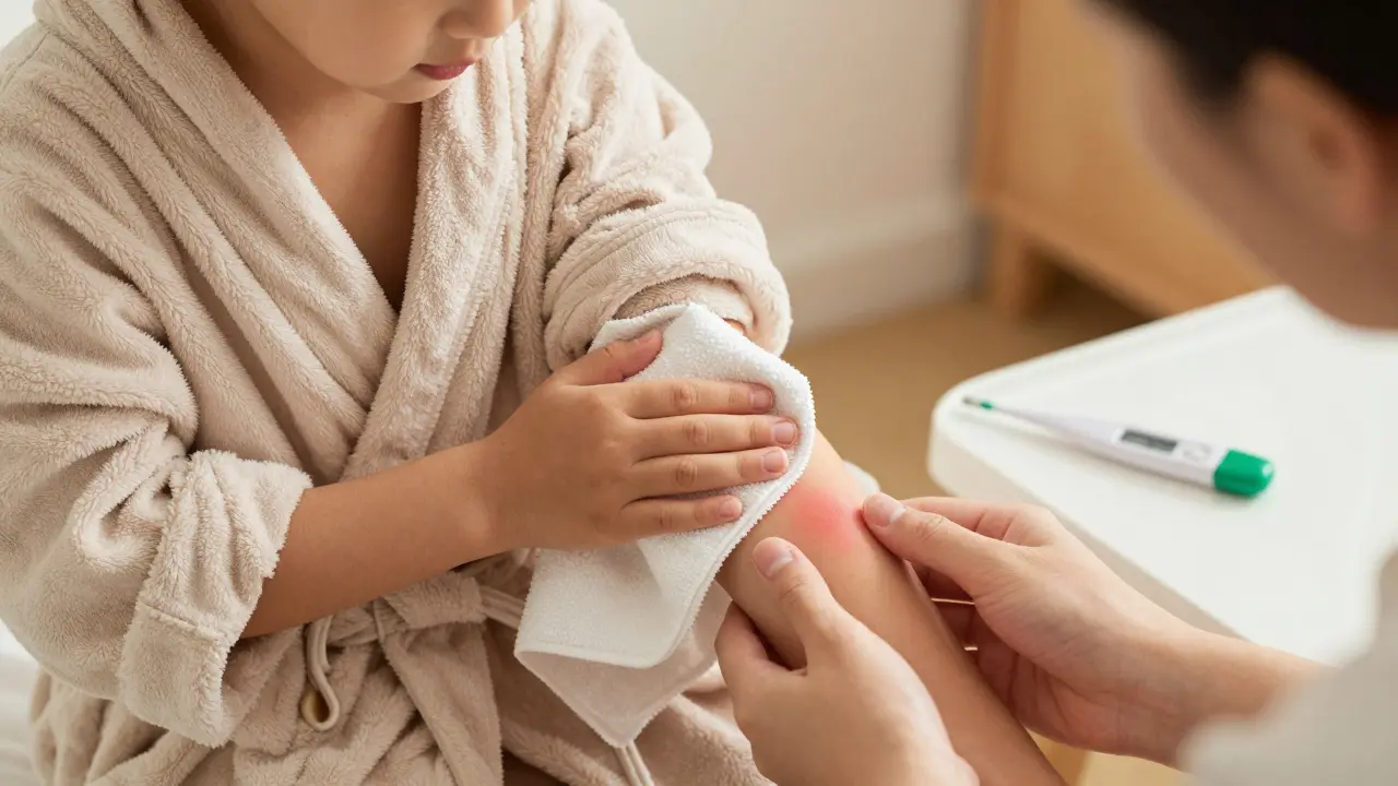 Rodič jemně suší dítě po koupeli, mírně červené místo vpichu je vidět, nejsou žádné obvazy.