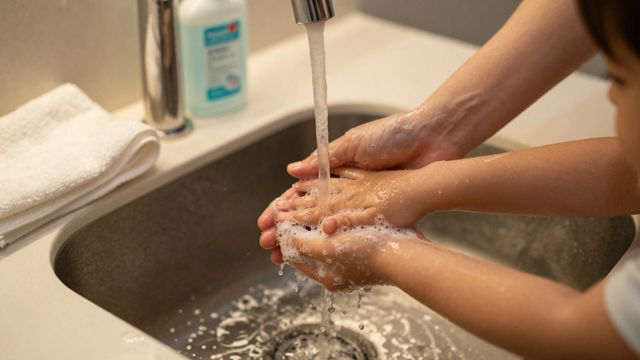 Rodiče myjí ruce s dítětem, voda a mýdlo v pozadí.