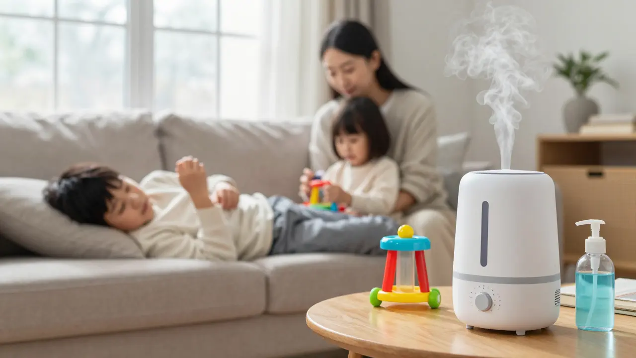 Rodina v živém pokoji, jedno dítě odpočívá, druhé hraje s hračkou, viditelná vlhčička a dezinfekce.