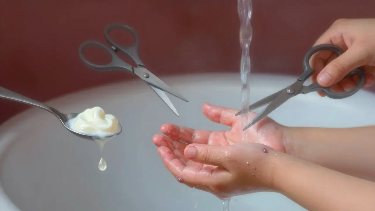 Ruka dítěte s vysychajícími puchýřky, obklopená symboly léčby: nůžky, jogurt a voda.