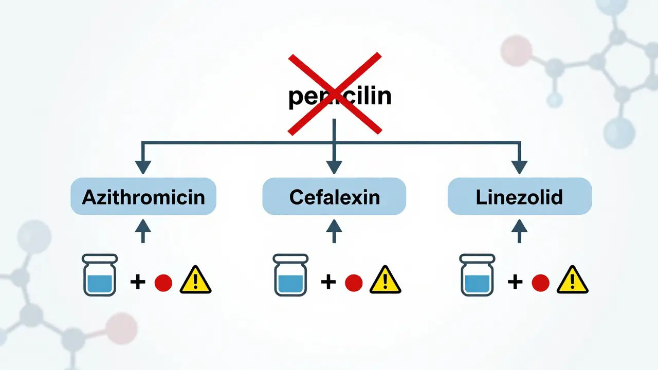 Schéma alternativních antibiotik pro pacienty s alergií na penicilin.